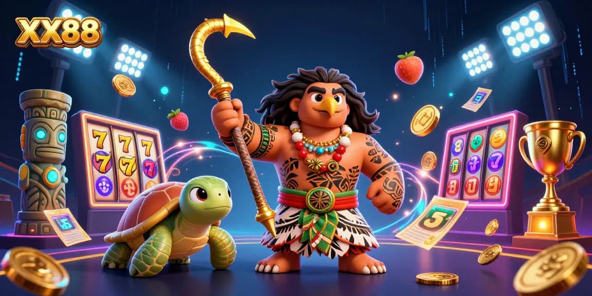 Experience thrilling gameplay with XX88 as a Polynesian demigod and vibrant casino elements collide.