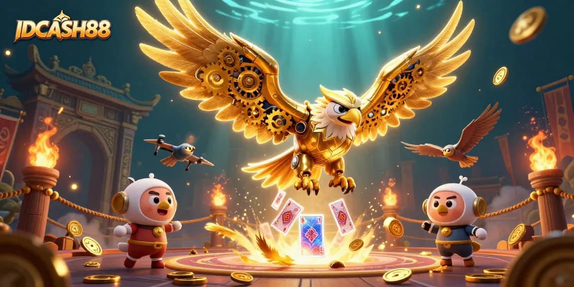 Experience the thrill of IDCASH88's casino games with a dynamic 3D illustration featuring a golden eagle.