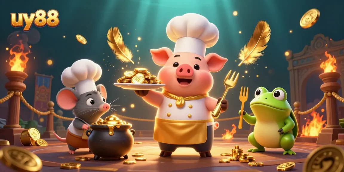 Experience thrilling gaming action at uy88 with a gourmet pig chef serving coins, moody casino vibes.