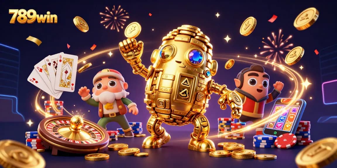 Experience the thrill of 789win with a golden golem and casino games in a vibrant celebration.