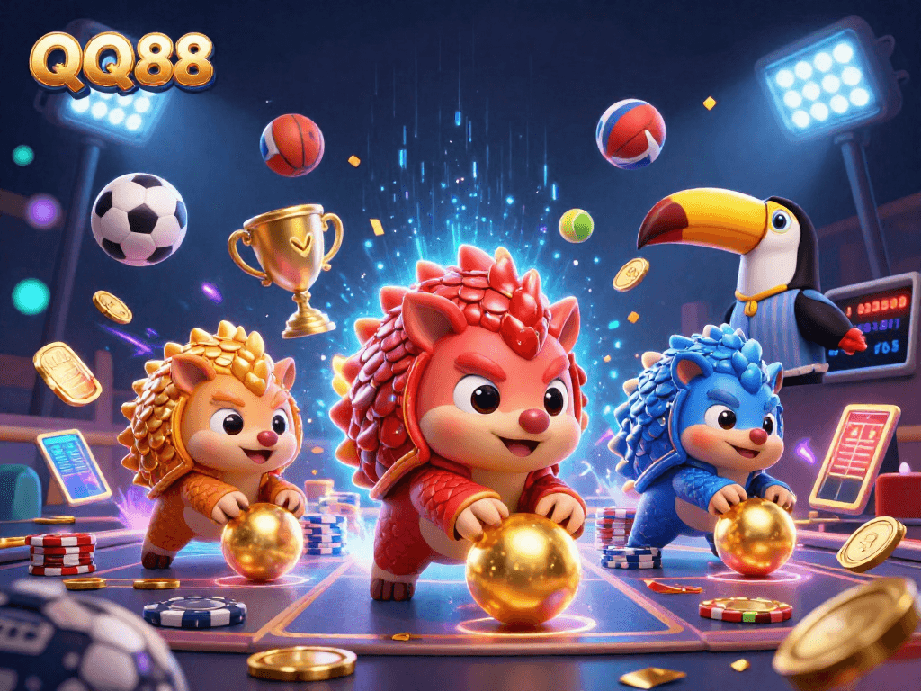 Engage with QQ88 Casino through a unique bowling game featuring rival pangolins, poker chips, and vibrant energy.