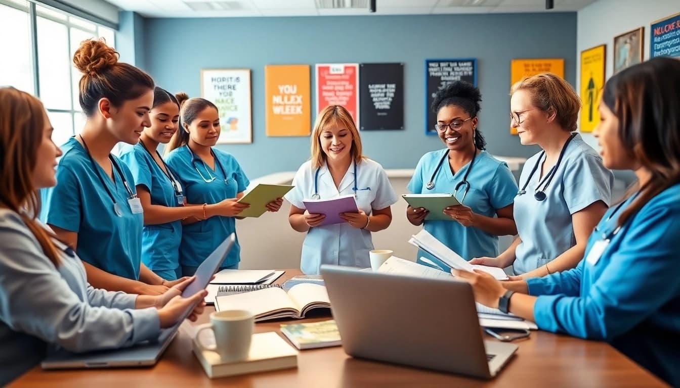Group of nursing students collaborating at an NCLEX review center Houston TX, showcasing energy and teamwork.