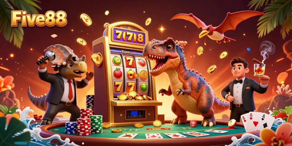 Five88 engages gamblers with a lively illustration of slot machines and animated characters featuring casino elements.