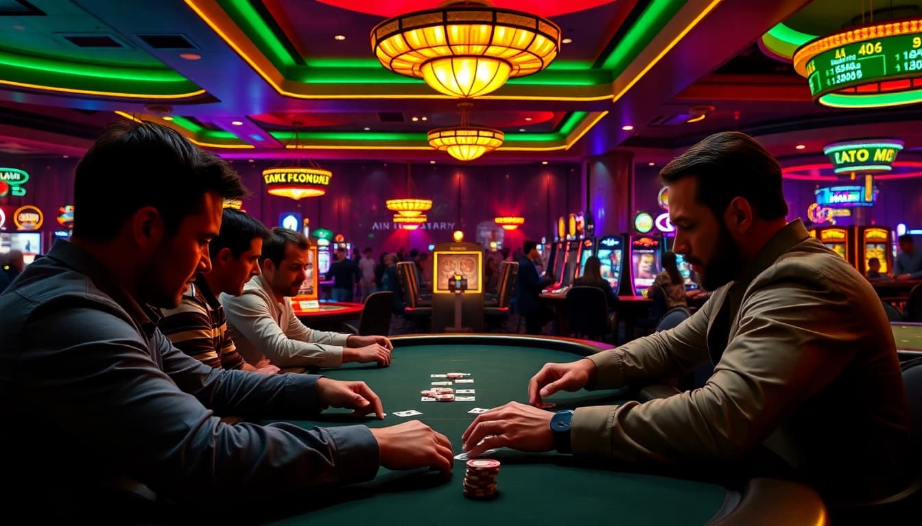 Mainkan dewartp di meja poker yang elegan dengan pencahayaan dramatis
