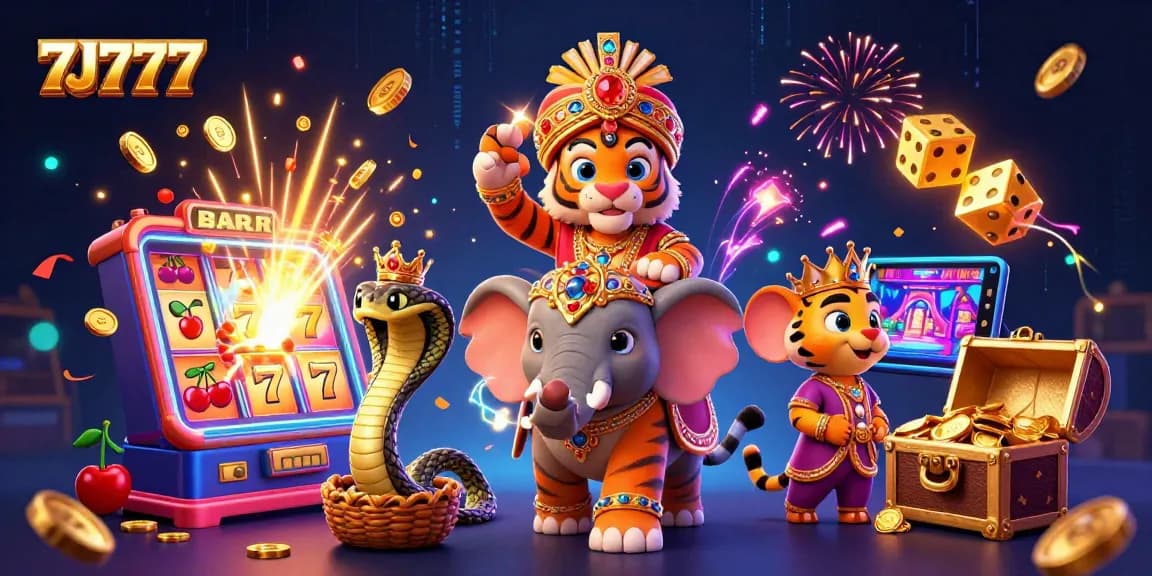 Engage in thrilling slots with 7J777, featuring a vibrant jackpot explosion and 3D casino characters.