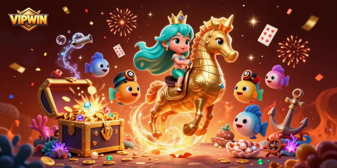 Experience the thrilling adventure of VIPWIN with a mermaid and her seahorse amid vibrant underwater treasures.