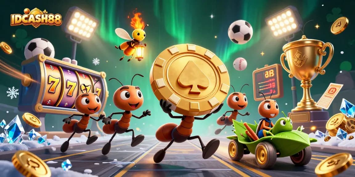 Play with IDCASH88 as ants carry a golden poker chip through a vibrant casino heist scene.