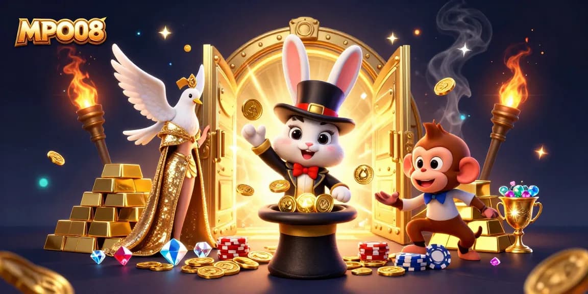 MPO08 brings excitement as a 3D cartoon magician rabbit reveals coins, enhanced by sparkling gambling elements.