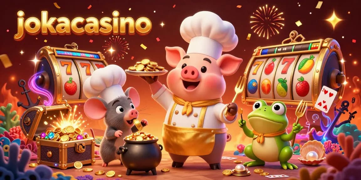 Experience the thrill of jokacasino with a dynamic 3D scene featuring a chef pig serving gold coins, immersive slot elements, and rich casino details.