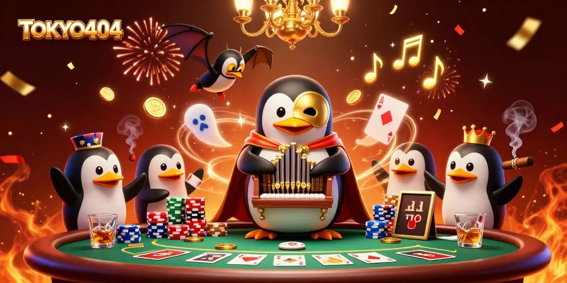 TOKYO404 penguin playing organ amidst poker chips, coins sprouting from pipes during casino celebrations.