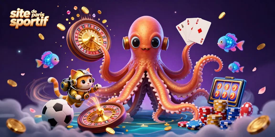 Plongez dans le site de paris sportif avec un kraken et un chat plongeur, entourés de pièces d'or scintillantes.