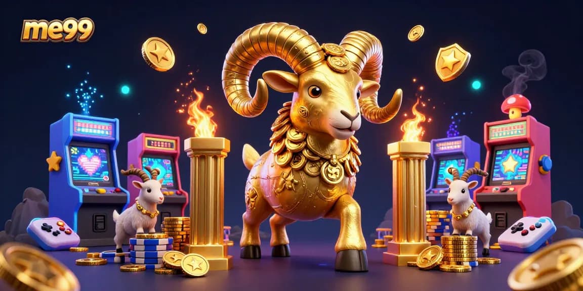 Win big at me99 with an epic golden ram showdown amidst colorful casino games and glowing treasures.