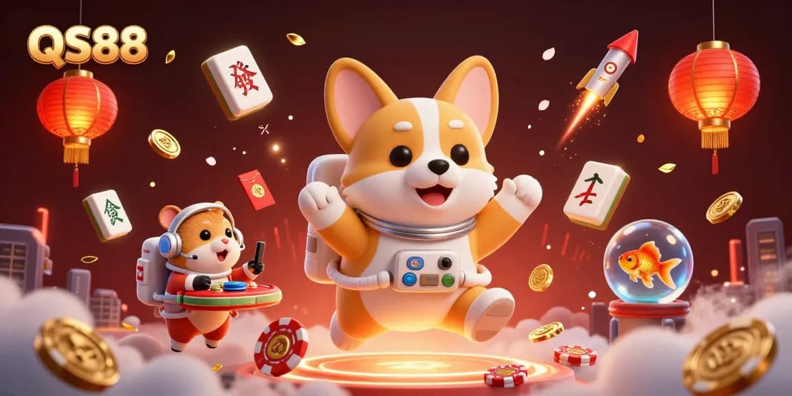 Engaging illustration of QS88 with a playful astronaut corgi in a casino, floating poker chips, and golden coins surrounding them.