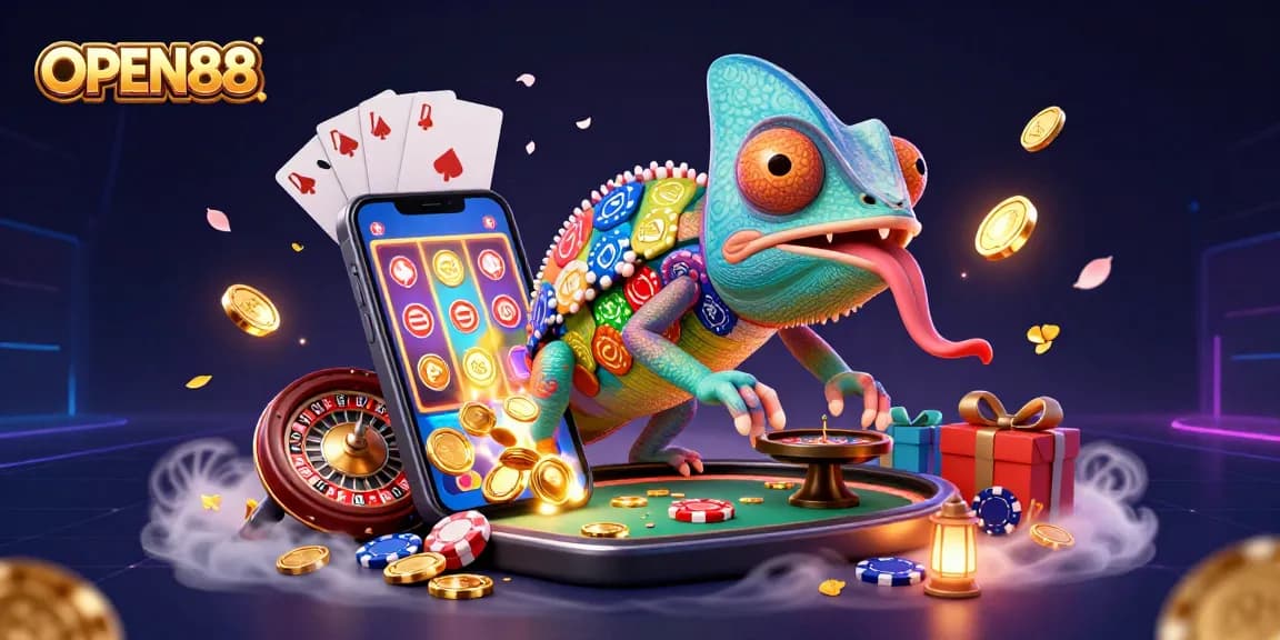 Join the fun at OPEN88, where a vibrant chameleon casino owner snags golden coins in front of thrilling games.