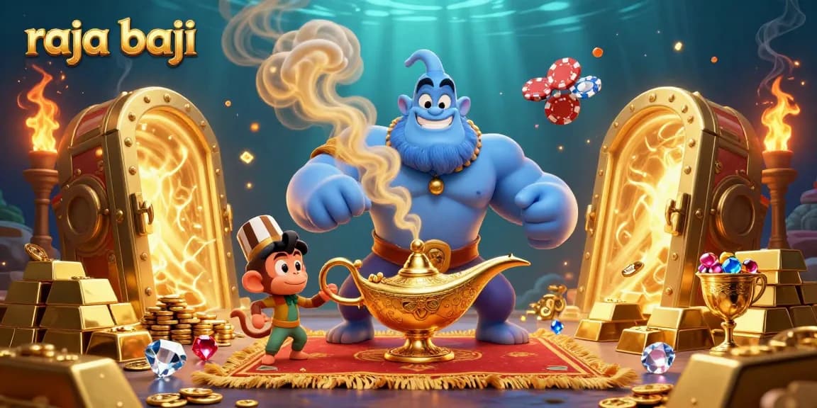 Experience thrilling raja baji gameplay with magical genie and treasure-filled casino adventure illustration.