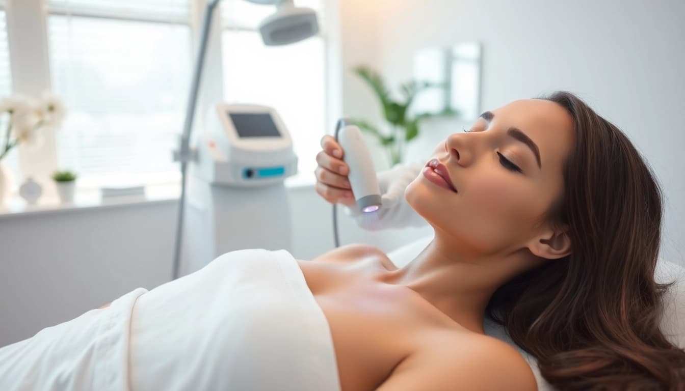 A woman undergoing worcester laser hair removal treatment in a modern clinic environment.
