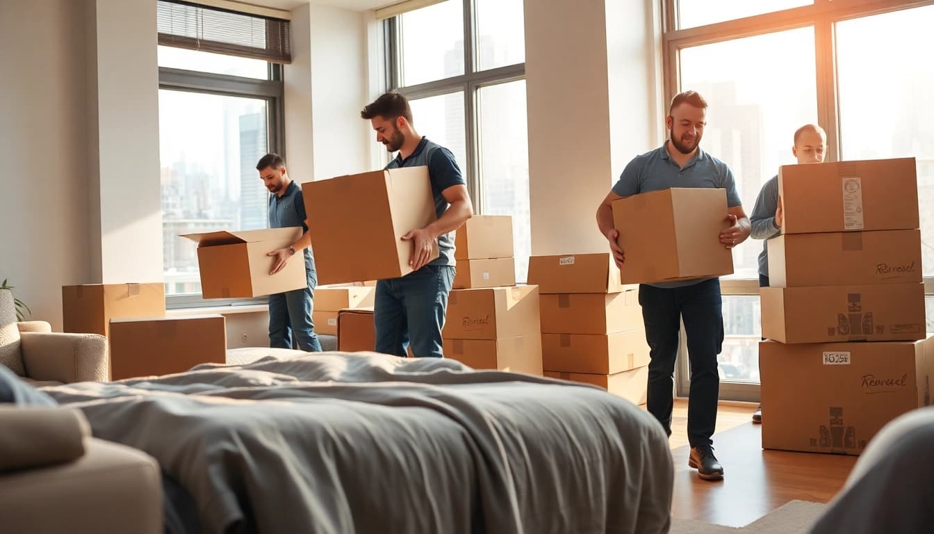 Residential movers NYC carefully organize furniture and boxes in an NYC apartment.