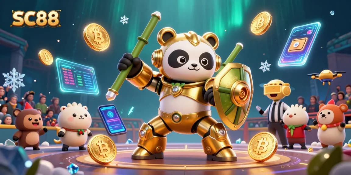 Experience SC88 in a vibrant 3D illustration featuring a panda robot, surrounded by crypto and casino elements.