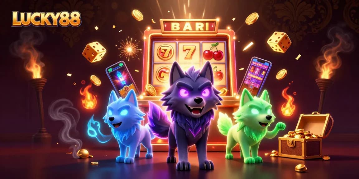 Engage with LUCKY88's thrilling casino adventures featuring dynamic slot machines and spectral wolf characters.