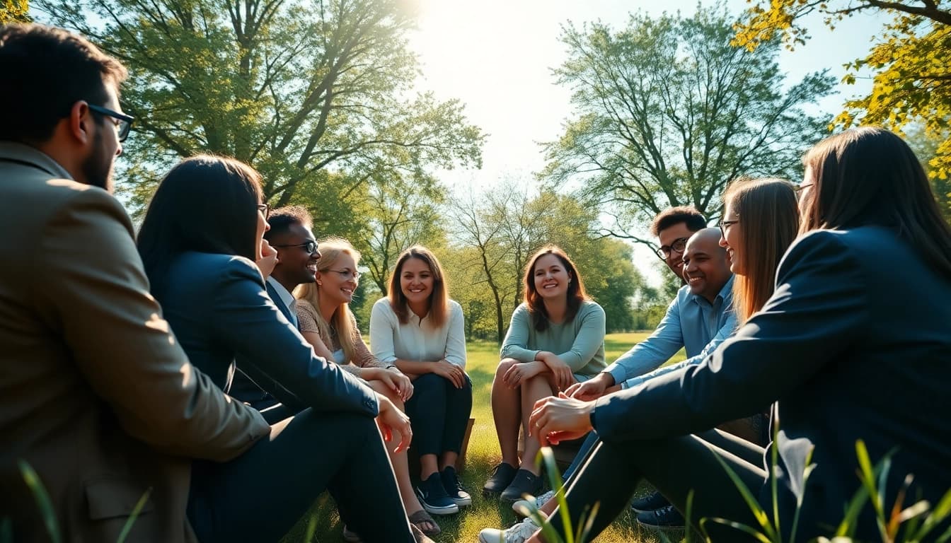 Icebreaker activity bringing people together in a sunny outdoor setting.