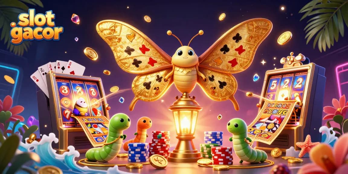Experience thrilling slot gacor action with golden moths and sparkling casino elements.