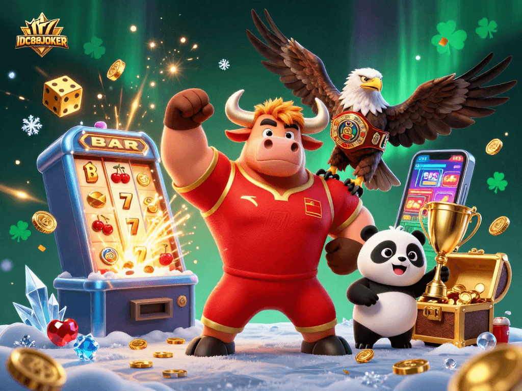 Experience thrilling wins with IDC88JOKER's vibrant casino scene featuring dynamic characters and exciting gameplay elements.
