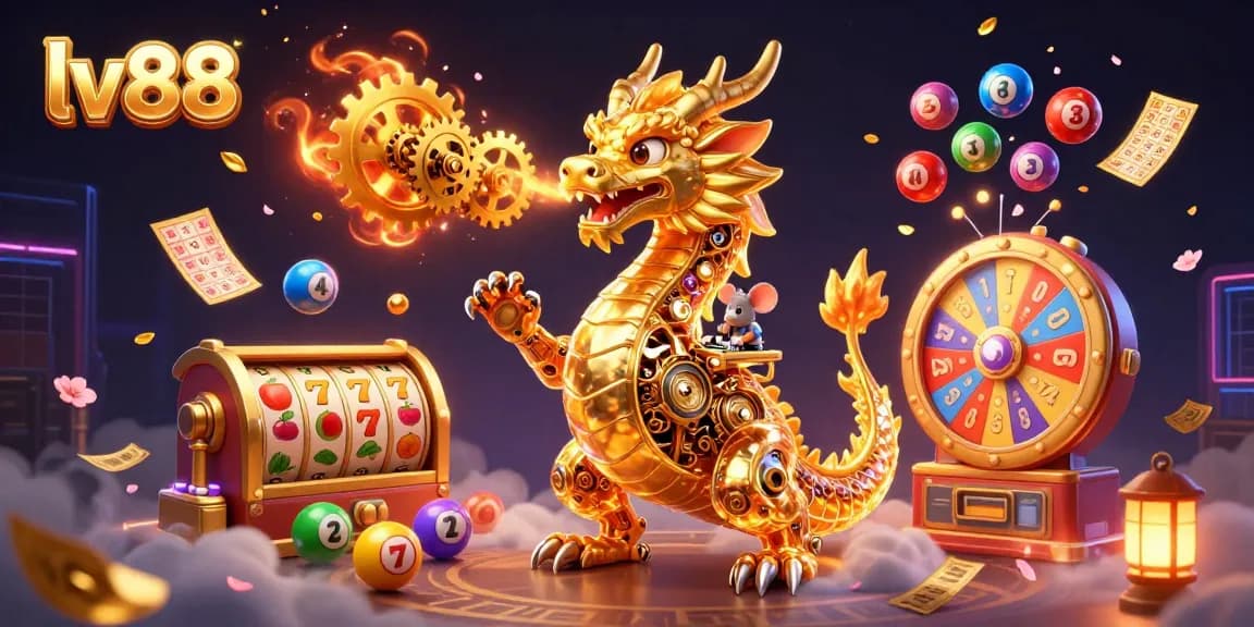 Players enjoy vibrant slot experiences at lv88 with a golden dragon amidst colorful game elements.