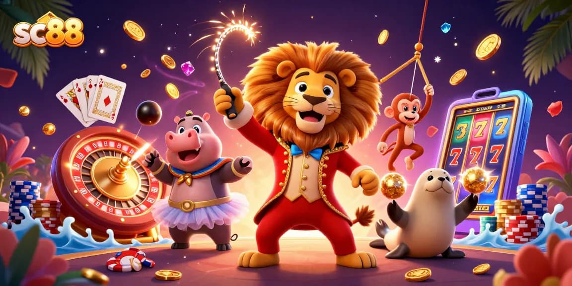 Experience the excitement of sc88 with a vibrant circus scene showcasing dynamic casino elements and characters.