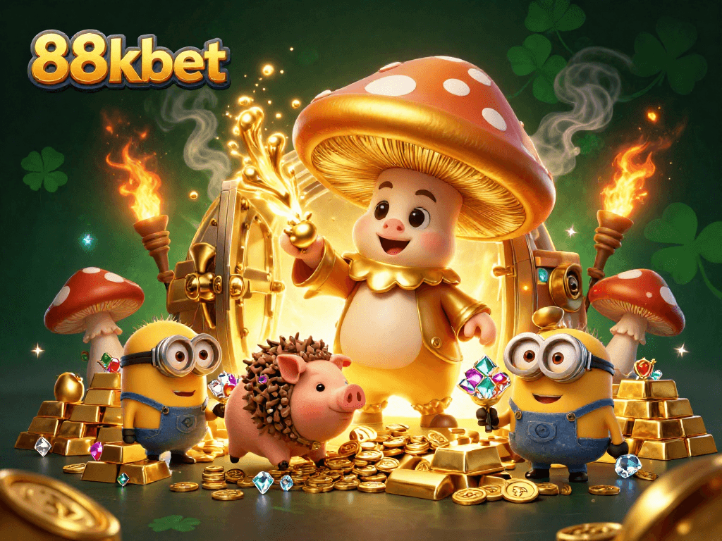 88kbet wizard turns treasure to gold while minions and pig uncover jackpots in vibrant casino scene.