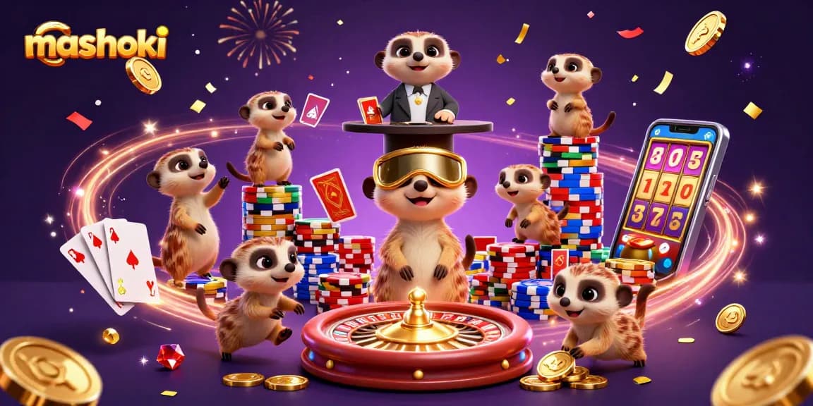 Experience the excitement of mashoki casino with meerkats gaming amidst golden coins and gems.
