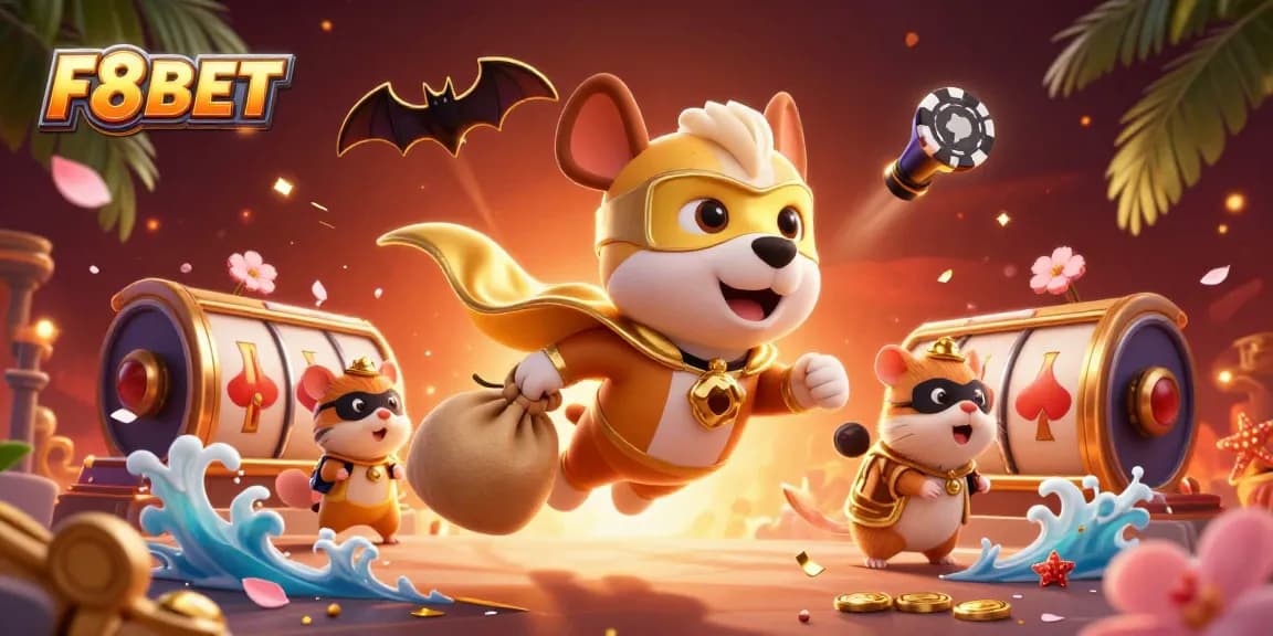 Discover the thrilling world of F8BET with a superhero dog and hamster amidst casino excitement!