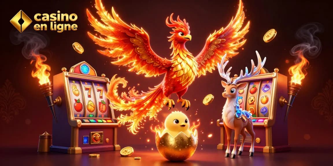 Vivez l'excitation du casino en ligne avec une illustration 3D d'un phoenix flamboyant et des machines à sous.