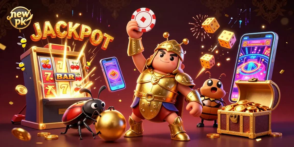 Celebrate big wins at new pk with vibrant 3D casino illustration featuring characters and gaming symbols.
