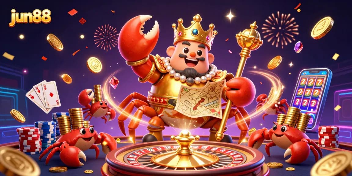 Experience epic wins at jun88's vibrant casino scene with a golden crab emperor and treasures.