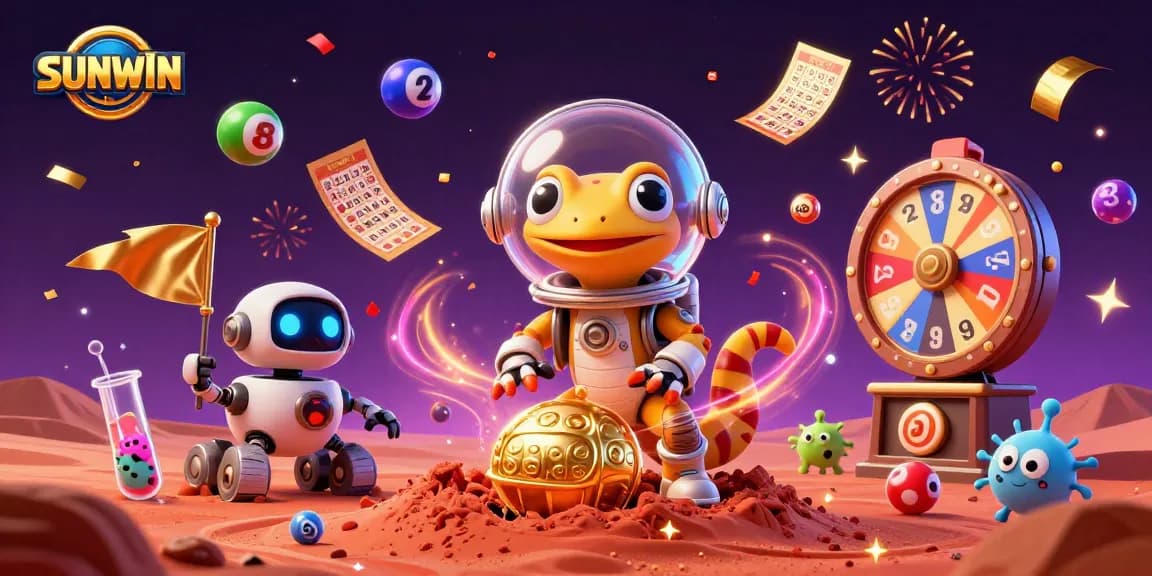 SUNWIN Martian gecko explores golden casino amidst colorful lottery elements, promoting excitement.