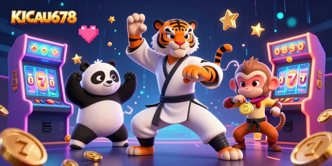 KICAU678 delivers a vibrant casino scene with a kung fu tiger, panda disciple, and monkey student amidst slot reels and golden coins.