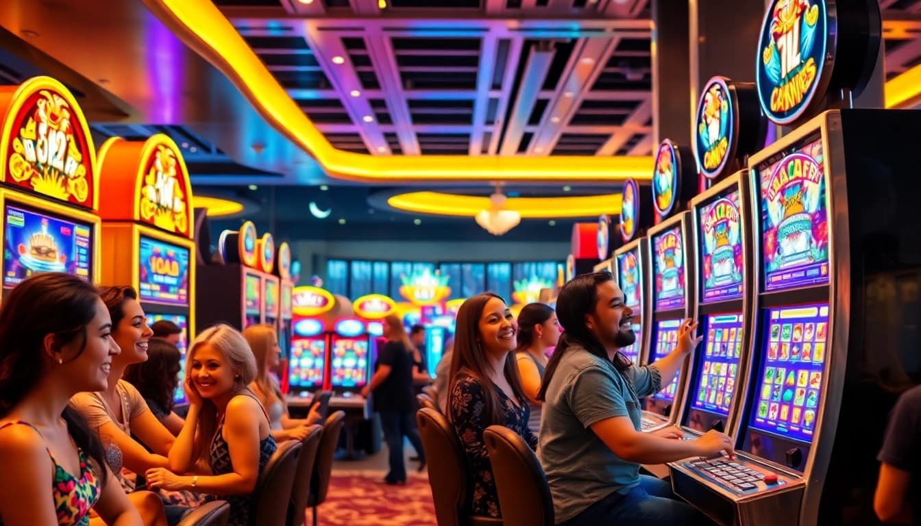 slots ဂိမ်းများကို တက်ကြွစွာ လုပ်ဆောင်နေသော သို့မဟုတ် ရှင်းလင်းသော လူများအနှံ့ ပါဝင်သော မြင်ကွင်း။