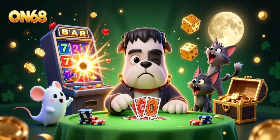 ON68 engages players at a lively casino scene with special characters, jackpot thrills, and colorful game elements.