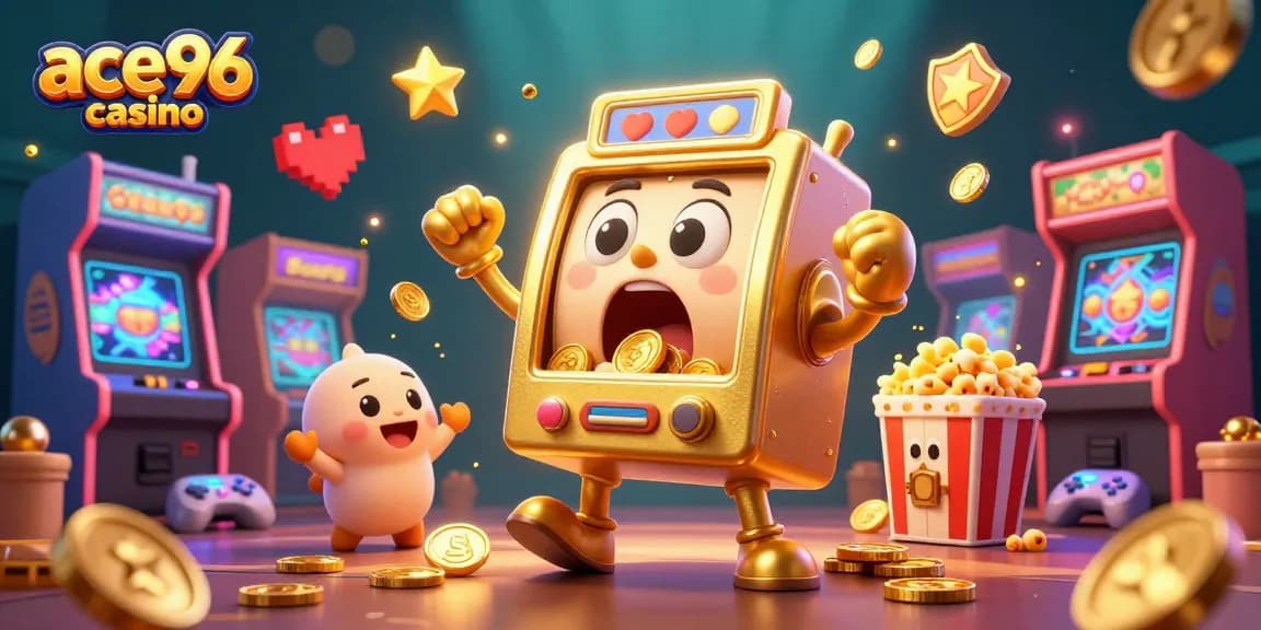 Win big with ace96 casino as a golden slot machine celebrates a jackpot in this vibrant 3D illustration.