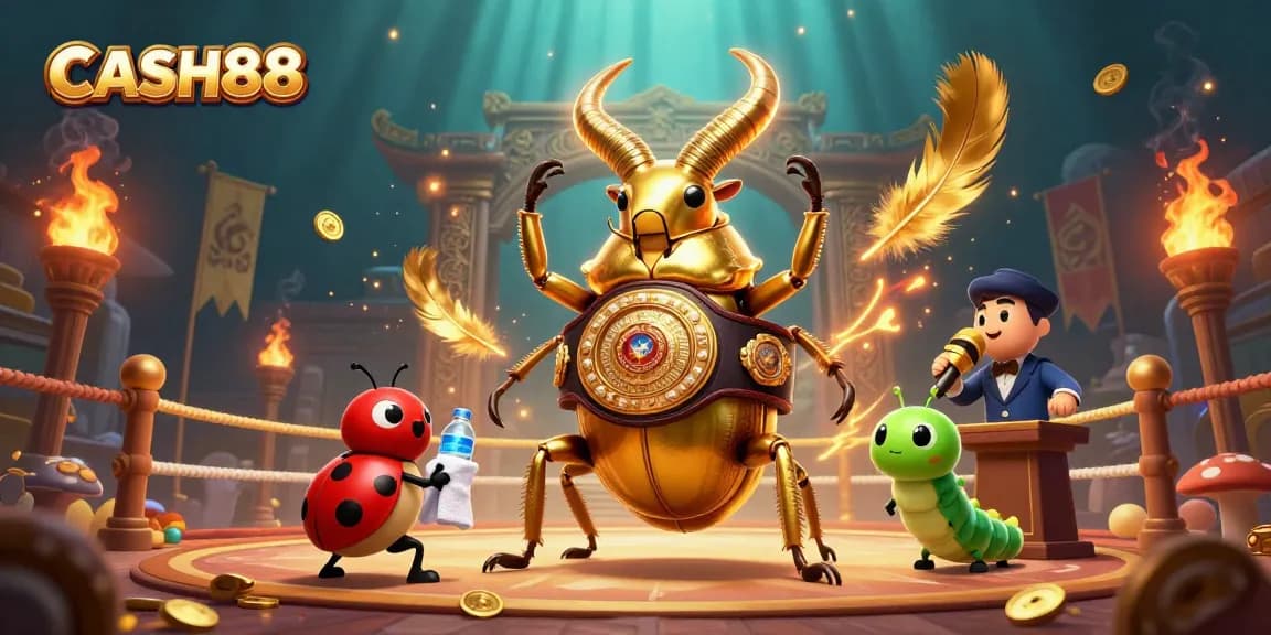CASH88 offers thrilling betting action as a giant golden stag beetle competes in a vibrant casino-themed arena.