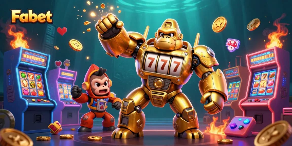 Fabet: Experience a thrilling 3D gaming adventure with a golden gorilla mech and vibrant casino elements.