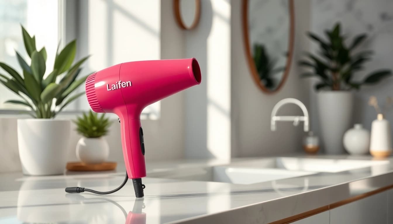 Showcase the Laifen US hair dryer on a sleek bathroom countertop to highlight elegance.