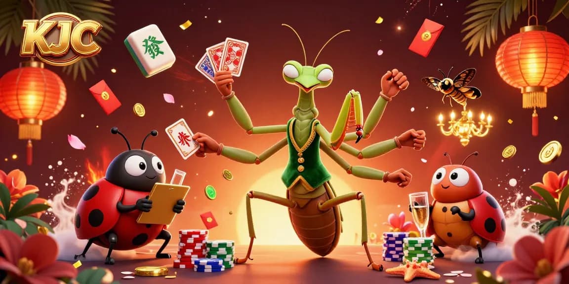 KJC casino scene featuring a giant praying mantis and ladybug dealer in a vibrant gaming atmosphere.