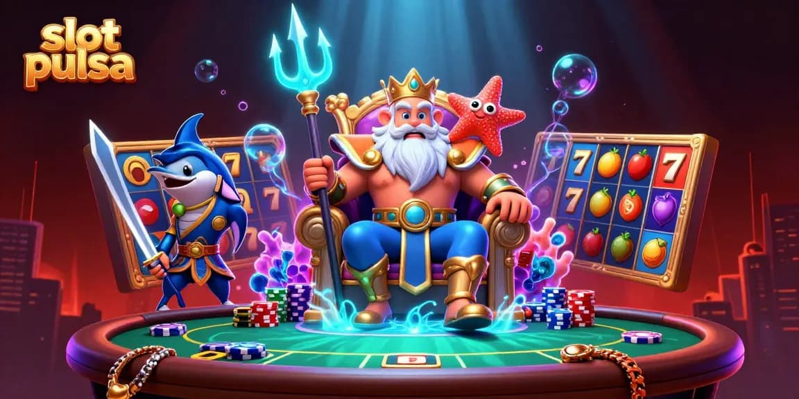Engage with thrilling slot pulsa games and jackpots in this vibrant illustration featuring Neptune.