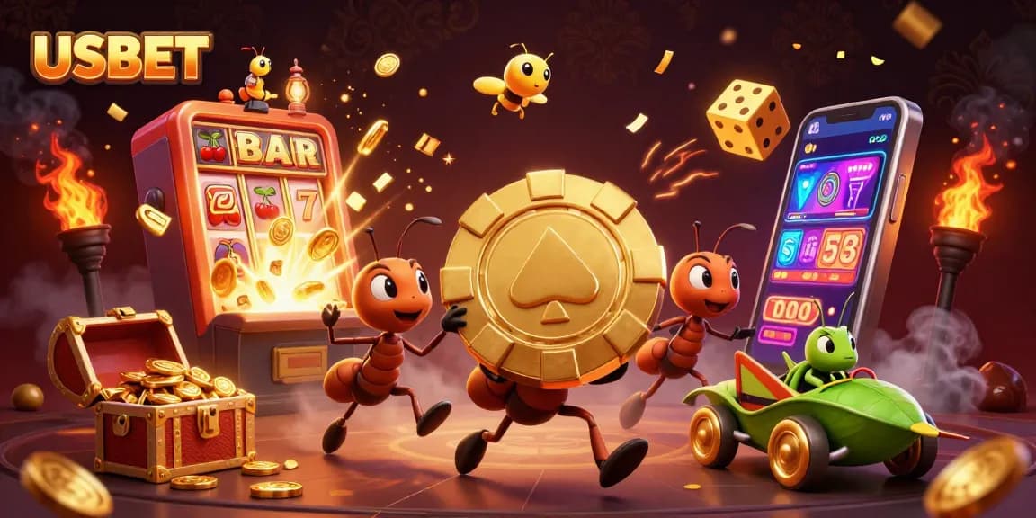 Experience the vibrant action of USBET with a heist-themed 3D illustration capturing a team of ants and golden casino elements.