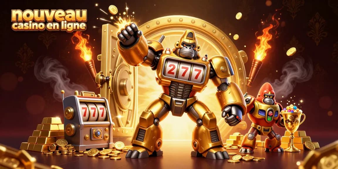 Illustration dynamique d'un nouveau casino en ligne, mettant en vedette un gorille mech doré et des éléments de jeux.
