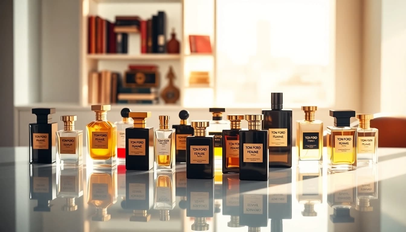 Showcase of Tom Ford perfume samples highlighting luxury and elegance in fragrance.