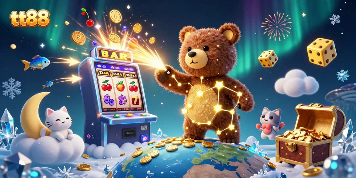 Win big with tt88 in this vibrant casino-themed illustration featuring exciting games and characters.
