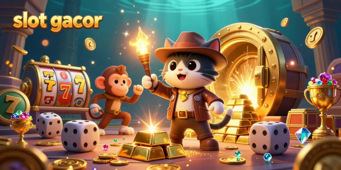Experience the thrill of slot gacor as the explorer cat uncovers treasures in a rich 3D casino scene.