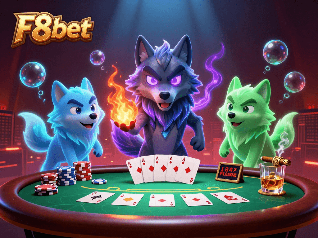 Play poker with F8bet, featuring 3D cartoon wolves and colorful chips in a vibrant casino scene.
